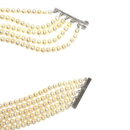 18ct White Gold Five Strand Pearl & Diamond Choker Necklace (14")