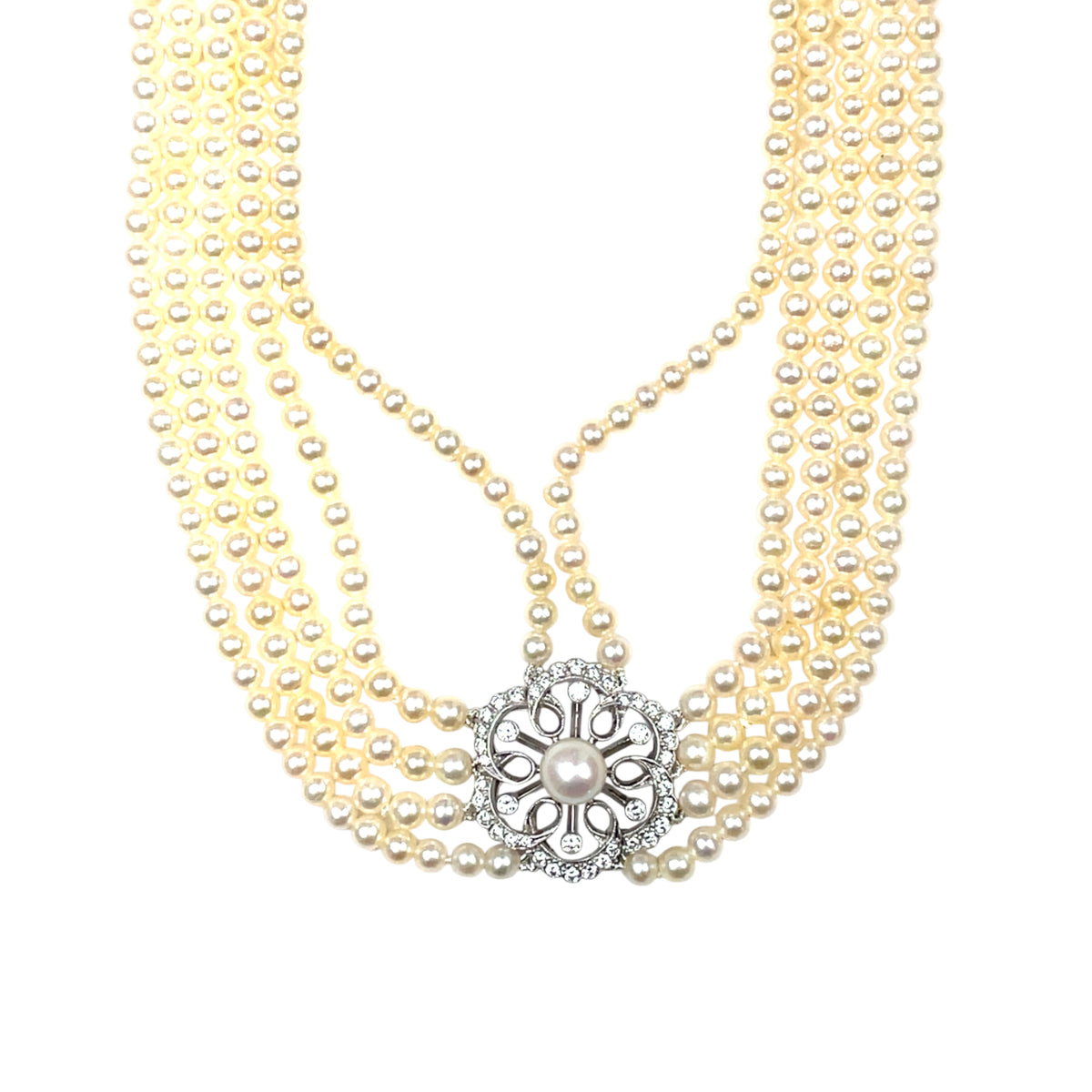 18ct White Gold Five Strand Pearl & Diamond Choker Necklace (14")