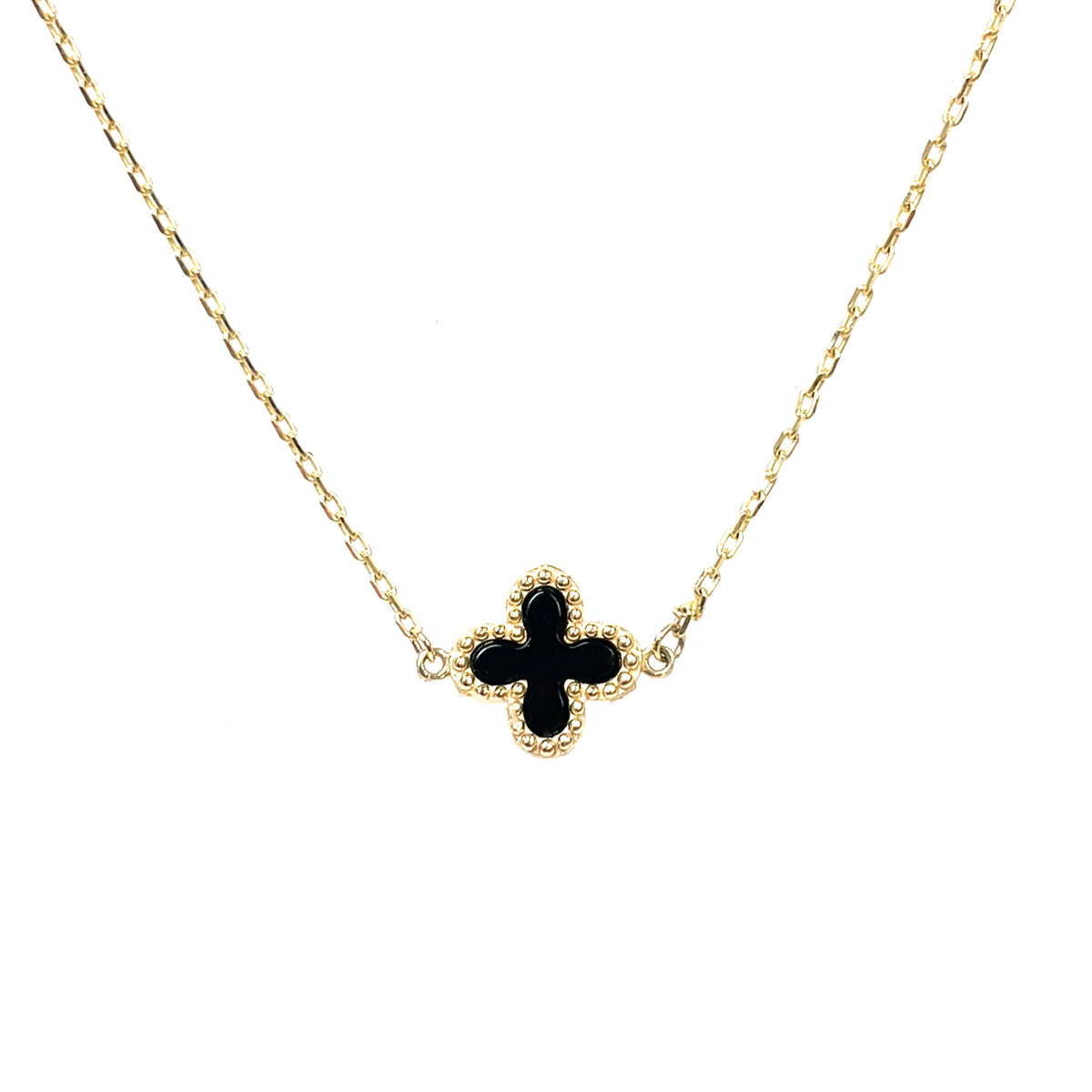 9ct Yellow Gold Onyx Flower Necklace Pendant & Chain (16-18")
