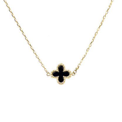 9ct Yellow Gold Onyx Flower Necklace Pendant & Chain (16-18")