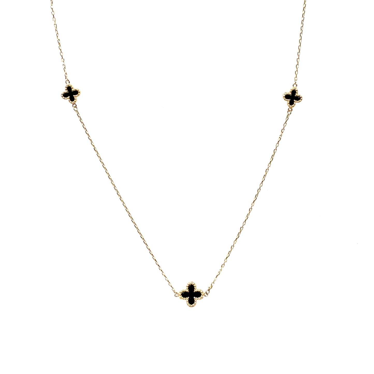 9ct Yellow Gold Onyx Flower Necklace Pendant & Chain (16-18")