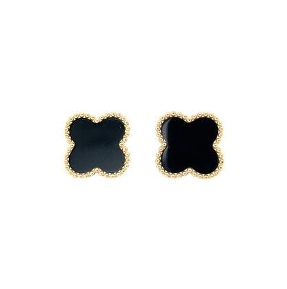 9ct Yellow Gold Onyx Flower Stud Earrings