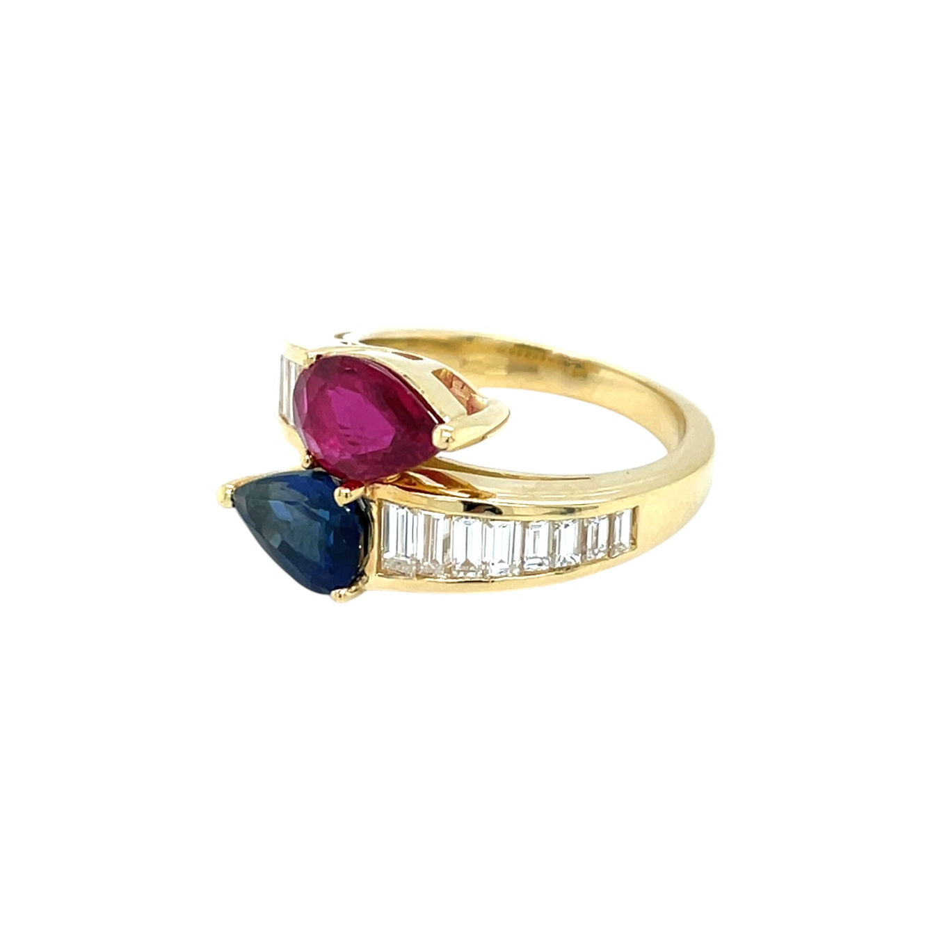 18ct Yellow Gold Sapphire & Ruby Crossover Ring (L)