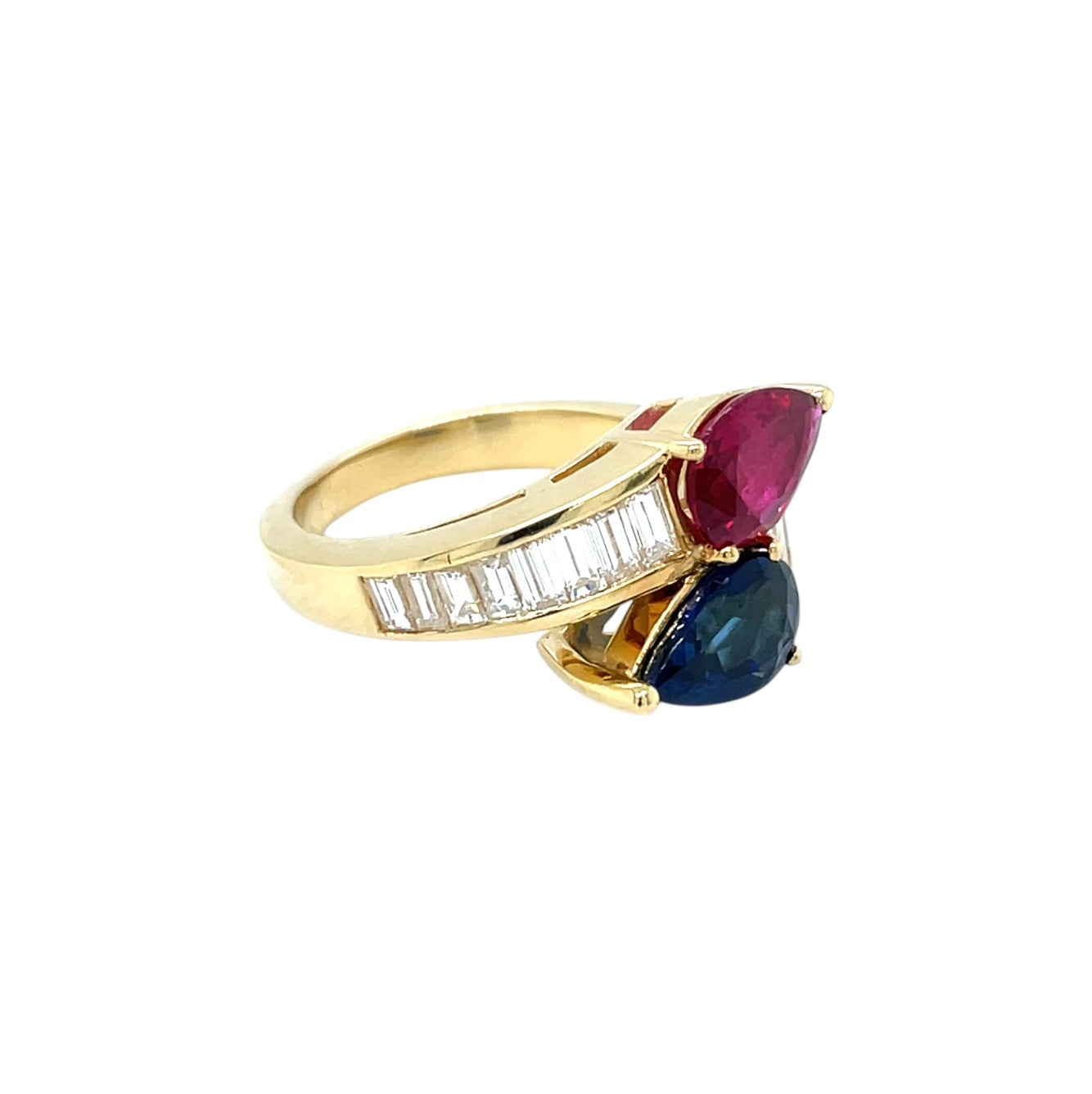 18ct Yellow Gold Sapphire & Ruby Crossover Ring (L)
