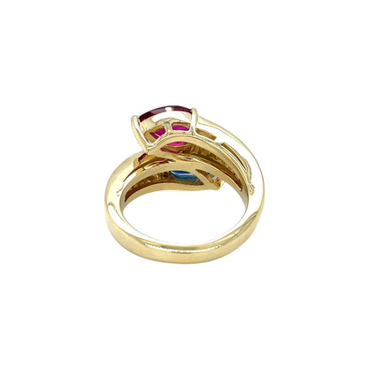 18ct Yellow Gold Sapphire & Ruby Crossover Ring (L)