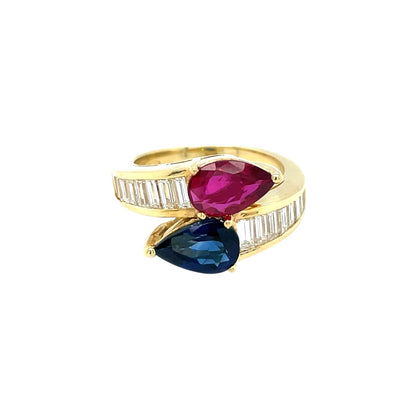 18ct Yellow Gold Sapphire & Ruby Crossover Ring (L)