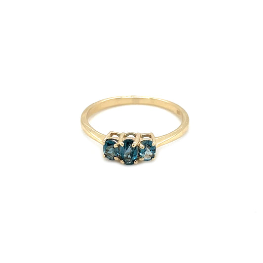 9ct Yellow Gold Oval London Blue Topaz Three-Stone Ring (P)