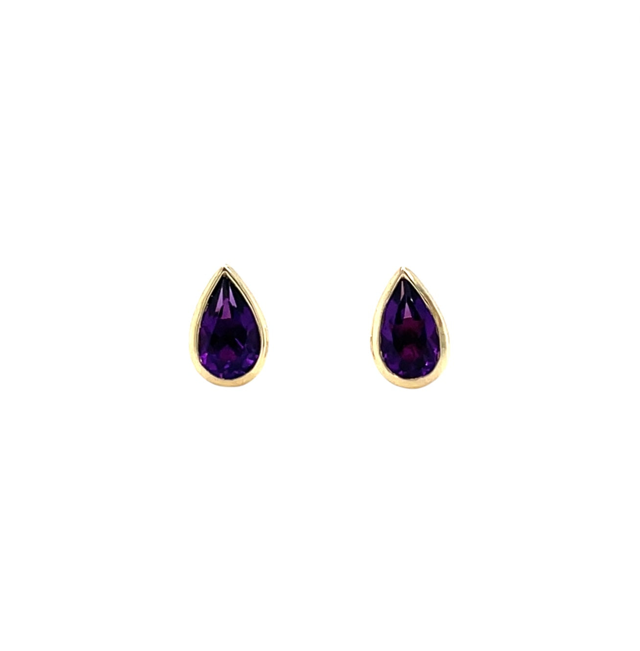 9ct Yellow Gold Pear Shaped Amethyst Rubover Stud Earrings