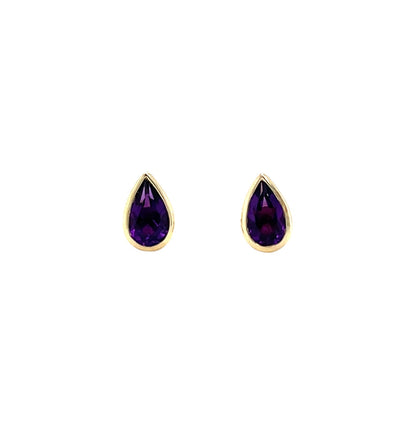 9ct Yellow Gold Pear Shaped Amethyst Rubover Stud Earrings