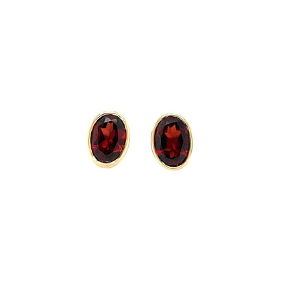 9ct Yellow Gold Oval Garnet Rubover Stud Earrings