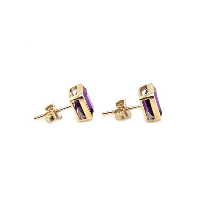 9ct Yellow Gold Octagonal Amethyst Rubover Stud Earrings