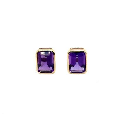 9ct Yellow Gold Octagonal Amethyst Rubover Stud Earrings