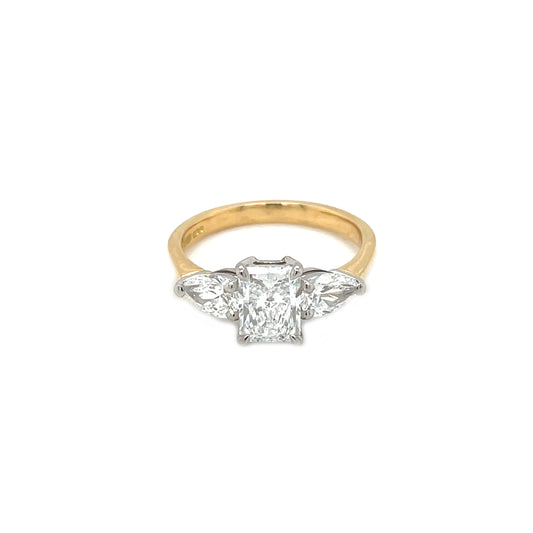18ct Yellow Gold & Platinum Radiant & Pear Cut Diamond Trilogy Ring (M)