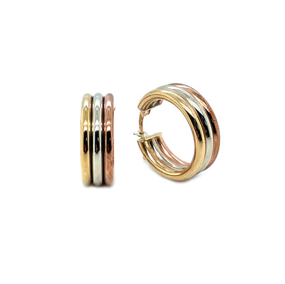 9ct Yellow, White & Rose Gold Triple-Tone Hoop Earrings
