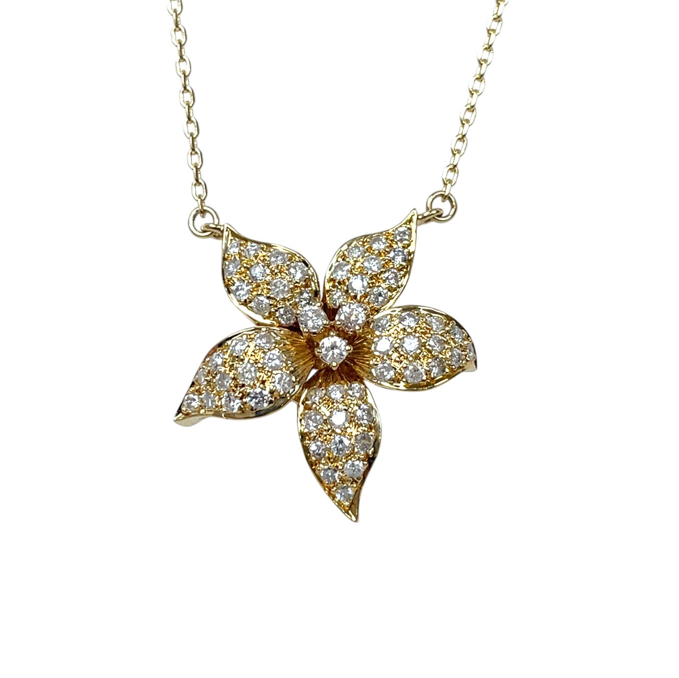 18ct Yellow Gold Diamond Flower Pendant & Chain (17–19")
