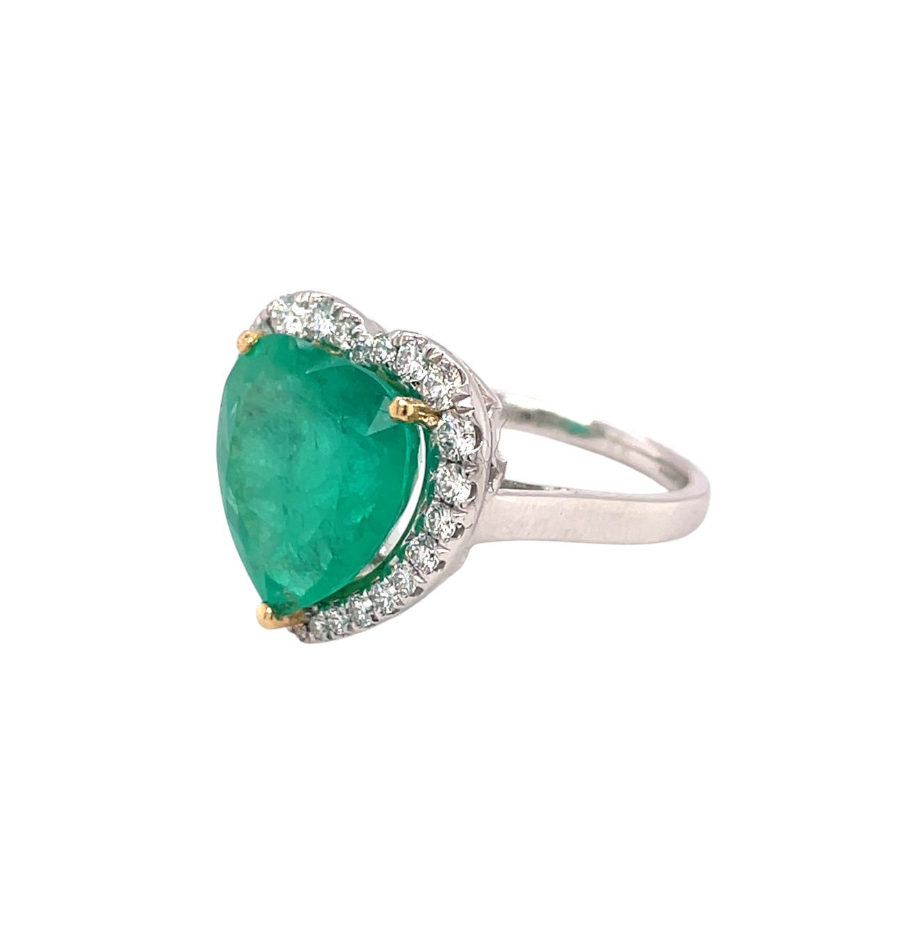 Platinum Heart-Shaped Colombian Emerald & Diamond Halo Ring (Size N)