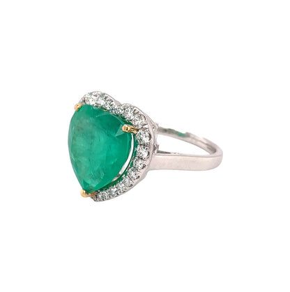 Platinum Heart-Shaped Colombian Emerald & Diamond Halo Ring (Size N)