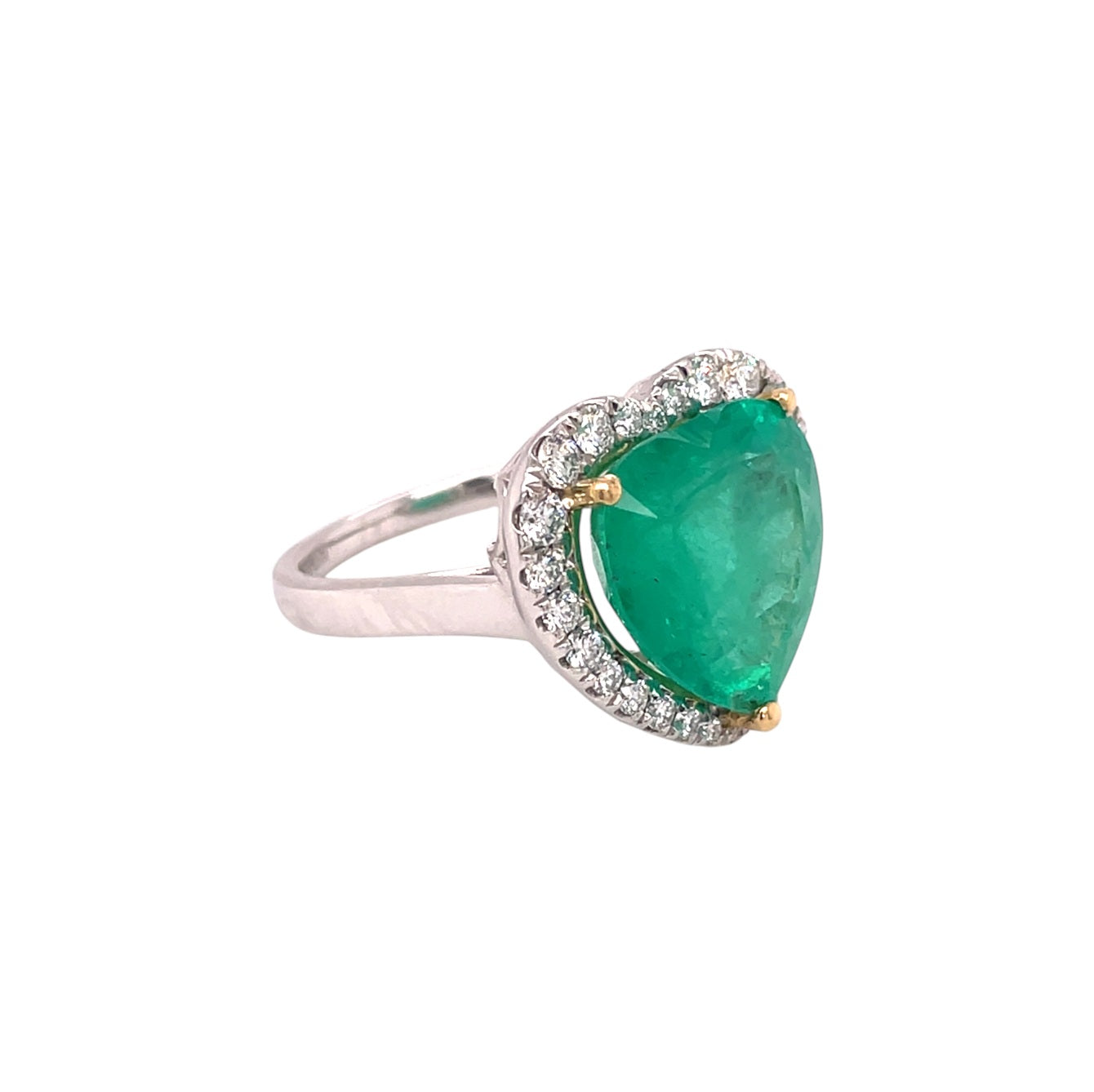 Platinum Heart-Shaped Colombian Emerald & Diamond Halo Ring (Size N)