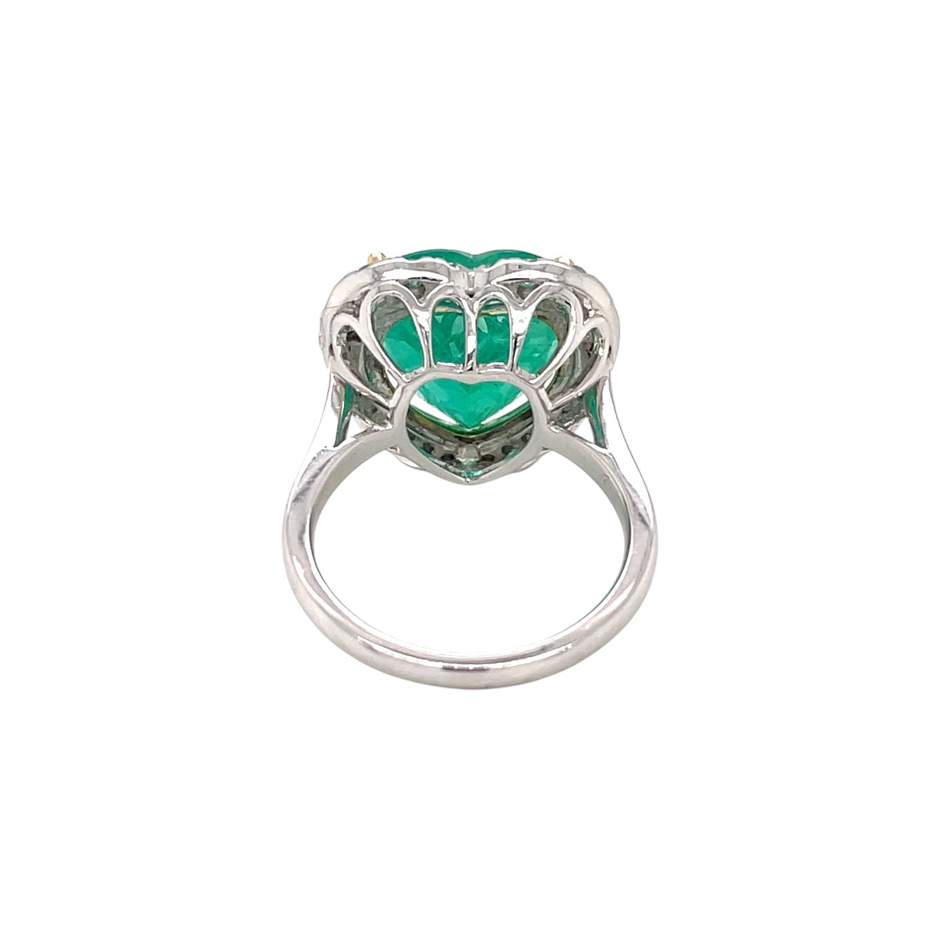 Platinum Heart-Shaped Colombian Emerald & Diamond Halo Ring (Size N)