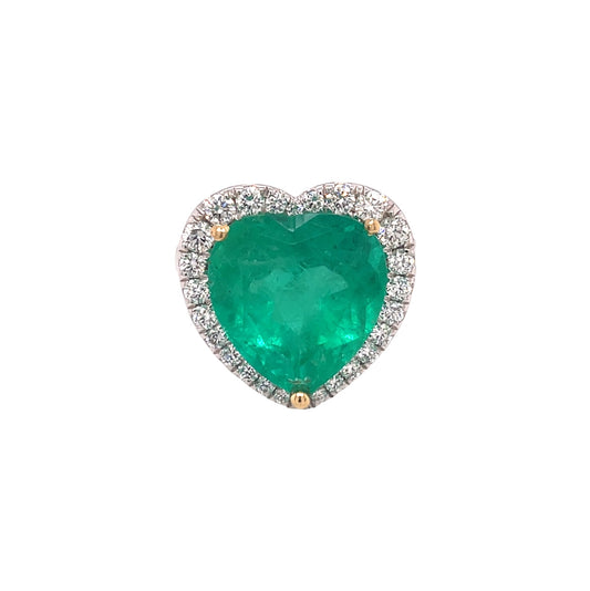 Platinum Heart-Shaped Colombian Emerald & Diamond Halo Ring (Size N)
