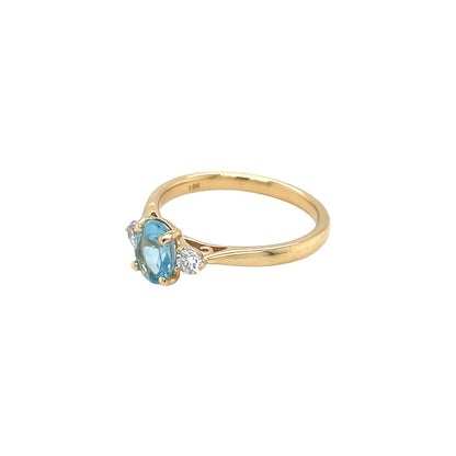18ct Yellow Gold Aquamarine & Diamond Three Stone Ring (N)