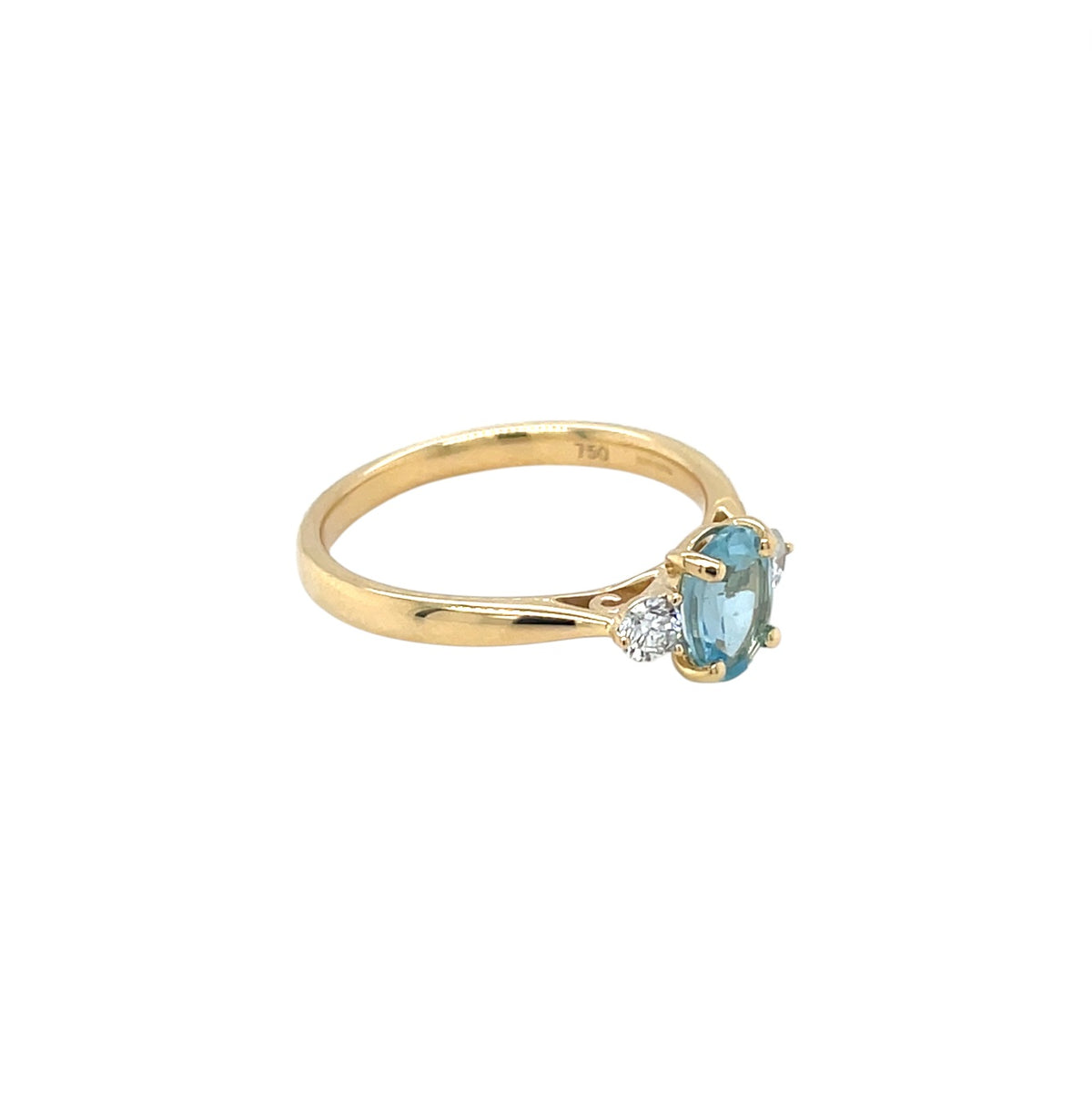 18ct Yellow Gold Aquamarine & Diamond Three Stone Ring (N)