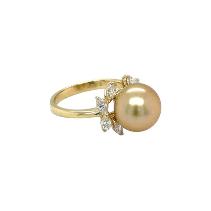18ct Yellow Gold Golden South Sea Pearl & Diamond Ring (M)