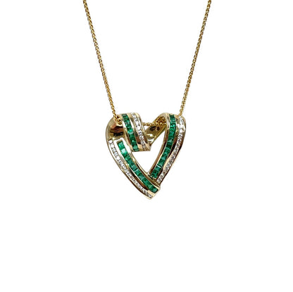 14ct Yellow Gold Emerald & Diamond Heart Pendant