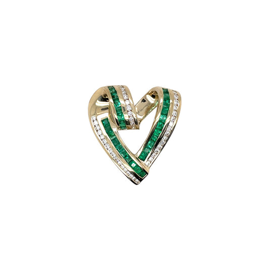 14ct Yellow Gold Emerald & Diamond Heart Pendant