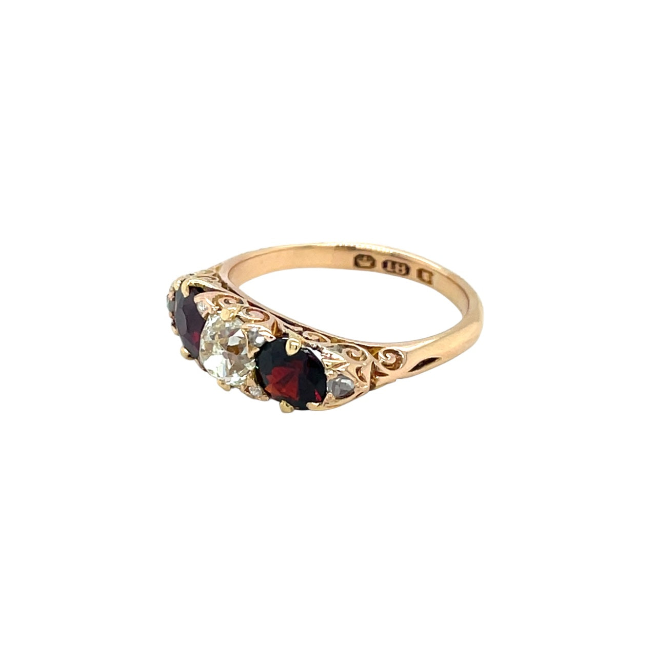 18ct Yellow Gold Carved Head Five Stone Diamond & Garnet Ring (N)