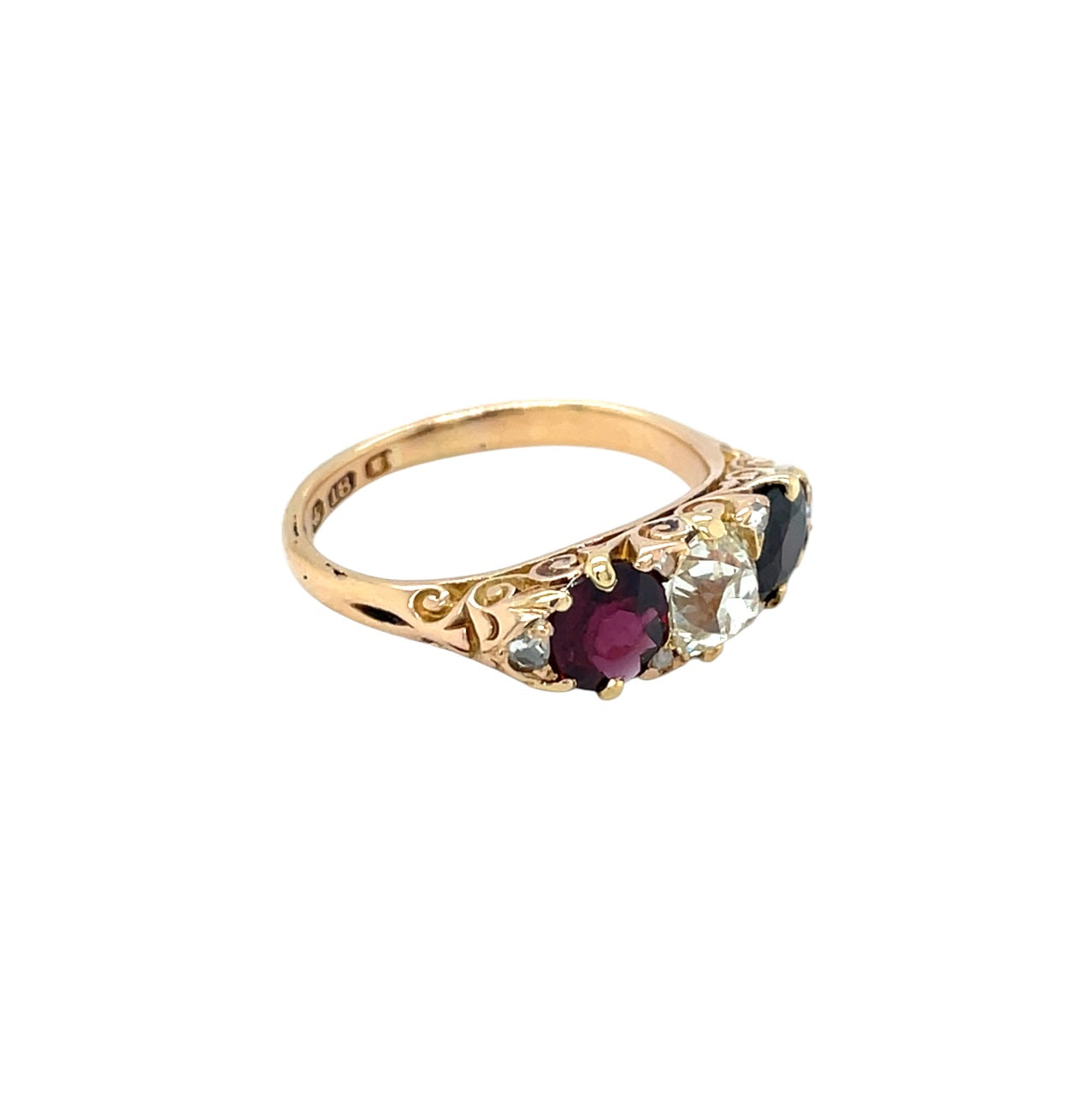18ct Yellow Gold Carved Head Five Stone Diamond & Garnet Ring (N)