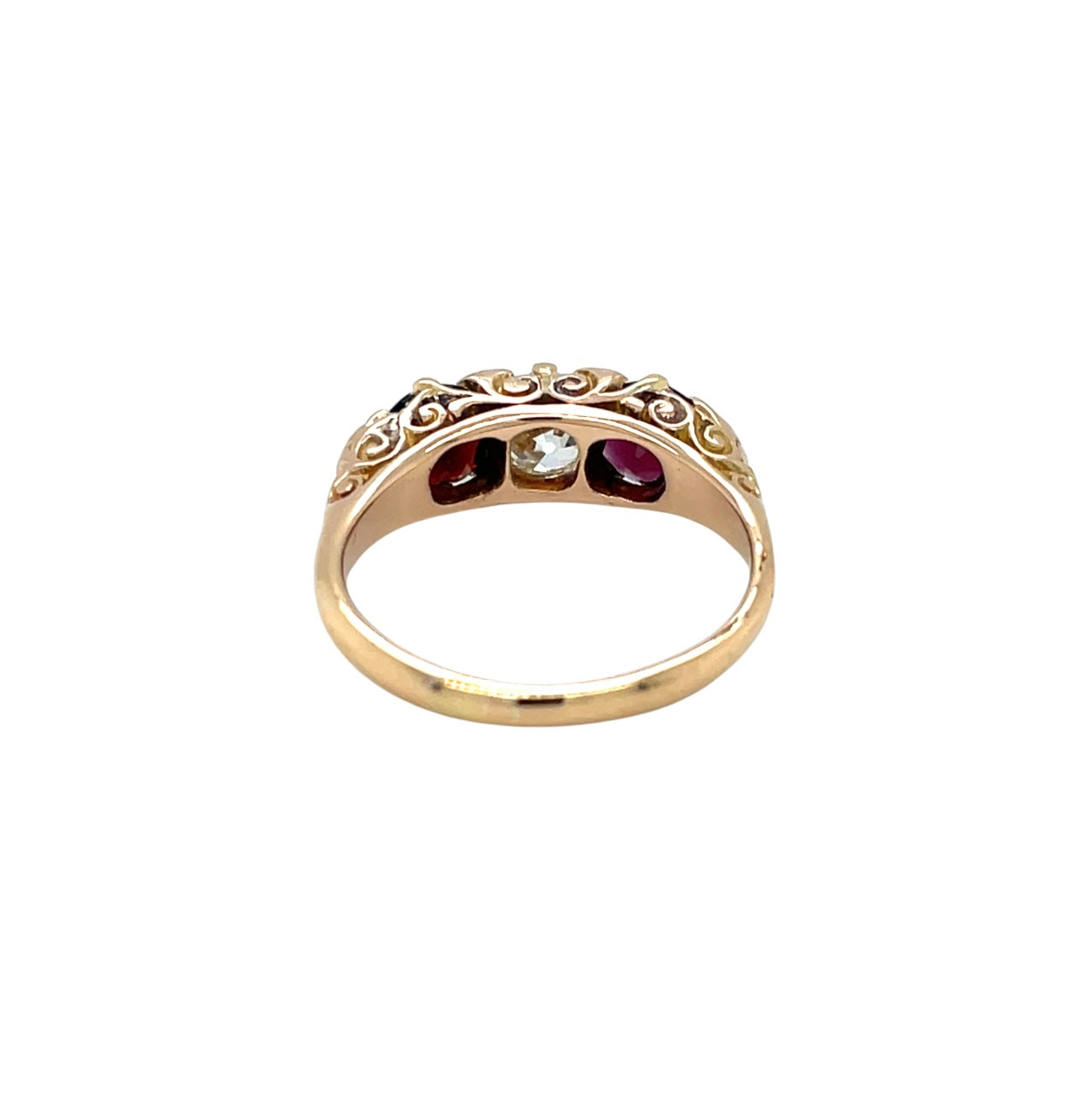 18ct Yellow Gold Carved Head Five Stone Diamond & Garnet Ring (N)