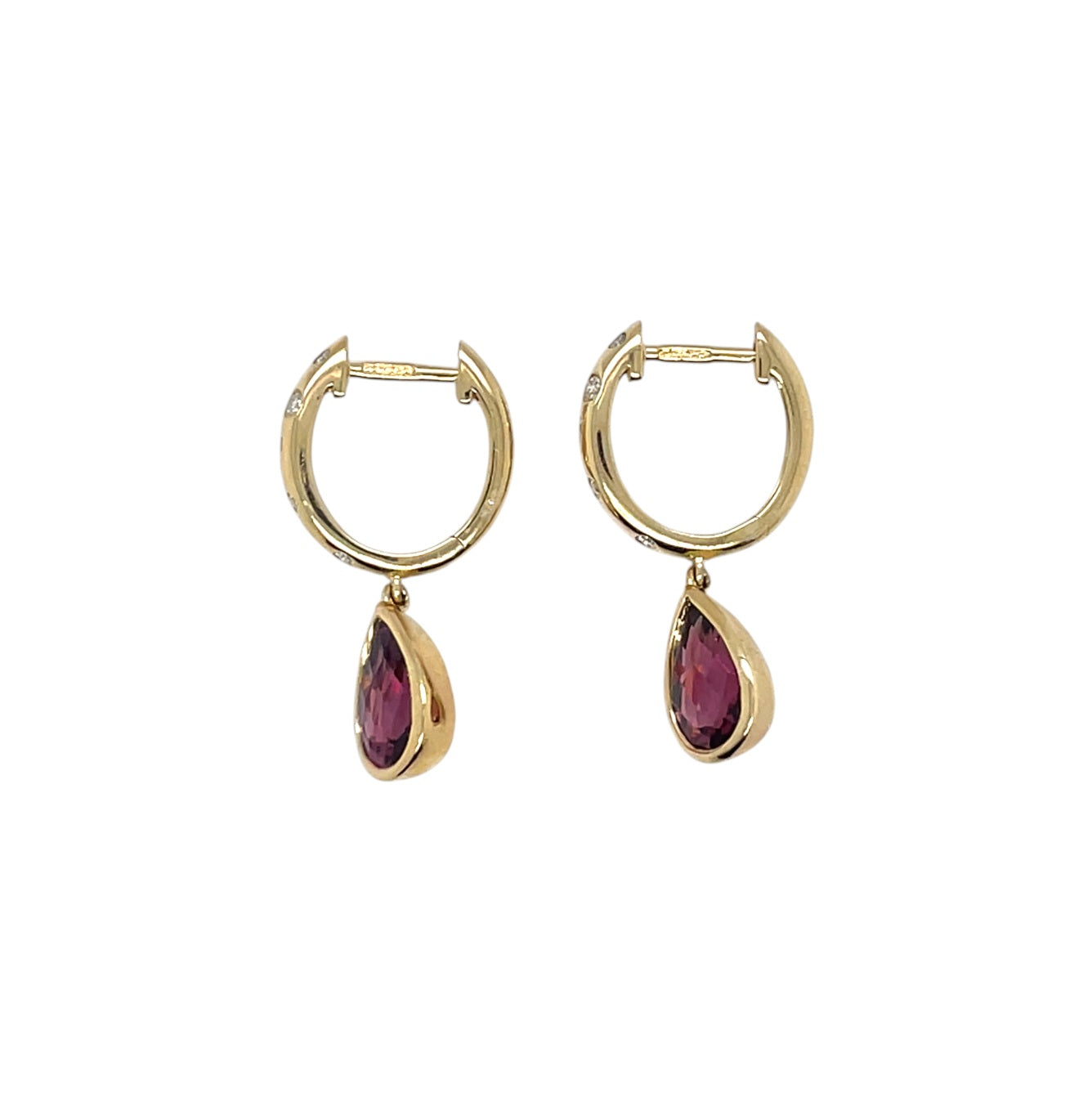 9ct Yellow Gold Rhodolite Garnet & Diamond Drop Hoop Earrings