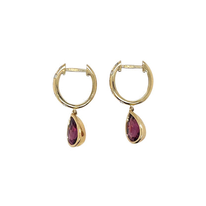 9ct Yellow Gold Rhodolite Garnet & Diamond Drop Hoop Earrings
