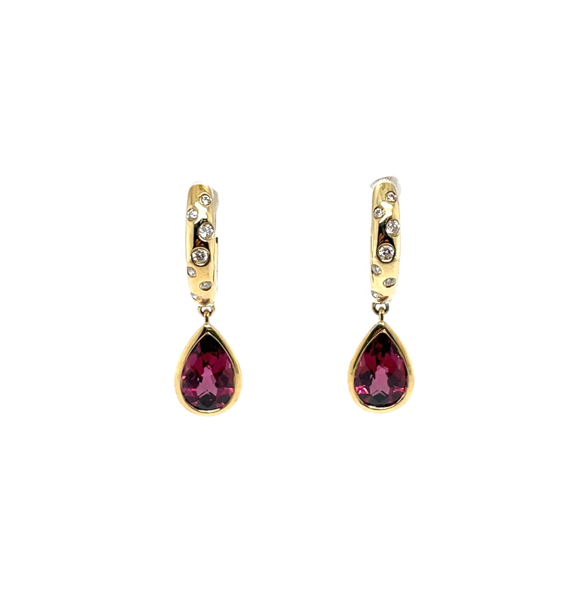 9ct Yellow Gold Rhodolite Garnet & Diamond Drop Hoop Earrings