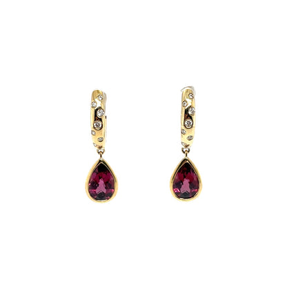 9ct Yellow Gold Rhodolite Garnet & Diamond Drop Hoop Earrings