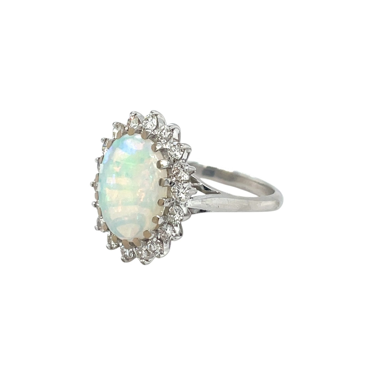 18ct White Gold Opal & Diamond Cluster Ring (L1/2)