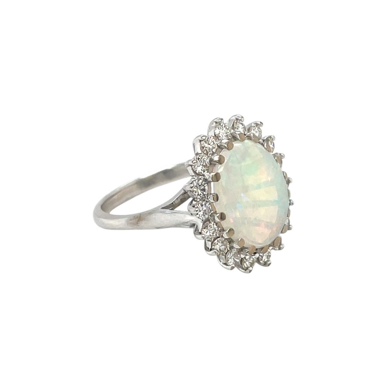 18ct White Gold Opal & Diamond Cluster Ring (L1/2)