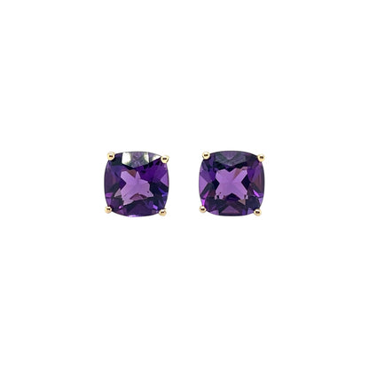 9ct Yellow Gold Cushion Amethyst Claw Set Stud Earrings
