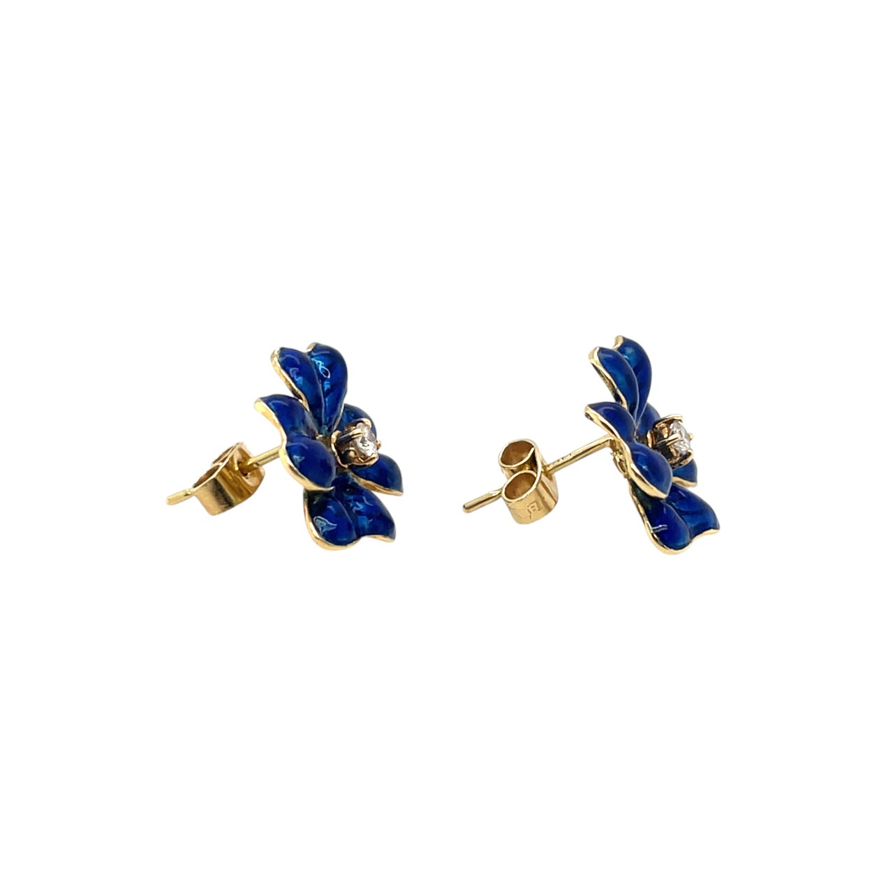 18ct Yellow Gold Blue Enamel Flower & Diamond Stud Earrings