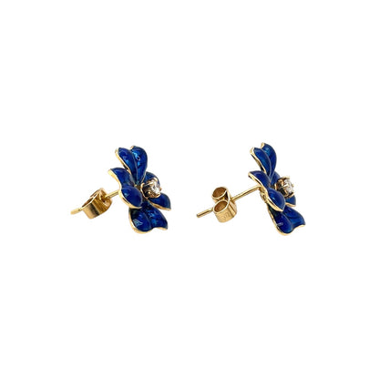 18ct Yellow Gold Blue Enamel Flower & Diamond Stud Earrings
