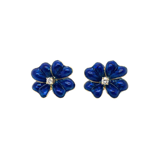 18ct Yellow Gold Blue Enamel Flower & Diamond Stud Earrings