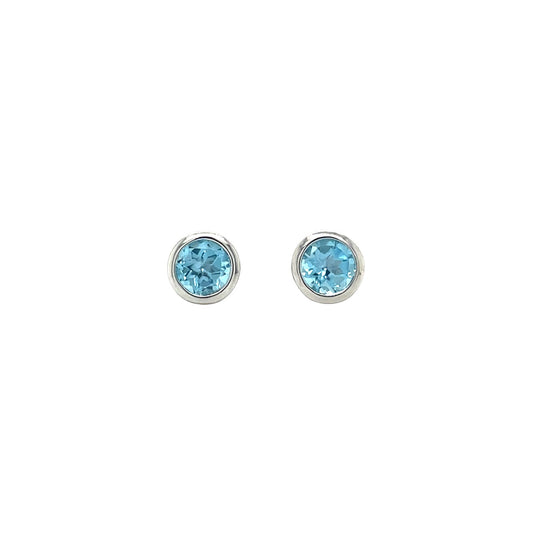 9ct White Gold 5mm Round Blue Topaz Rubover Set Stud Earrings