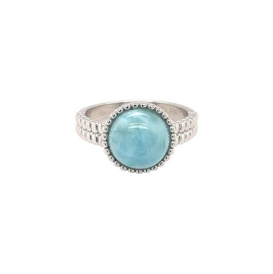 Silver Larimar Cabochon Rope Edge Ring (O)