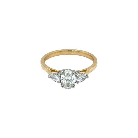 18ct Yellow Gold & Platinum Oval & Pear Cut Diamond Trilogy Ring (M1/2)
