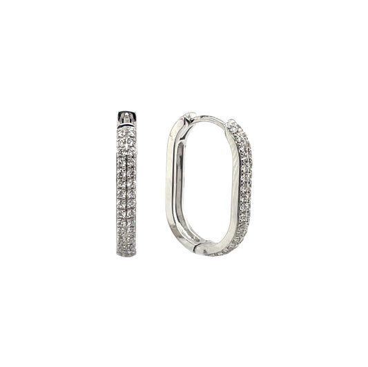 18ct White Gold Diamond Two Row Microset Oval Hinged Hoop Earrings