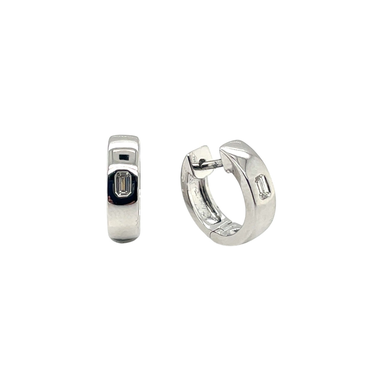 18ct White Gold Emerald Cut Diamond Flush Set Huggie Earrings