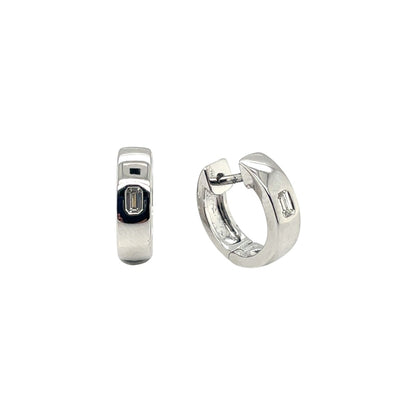 18ct White Gold Emerald Cut Diamond Flush Set Huggie Earrings