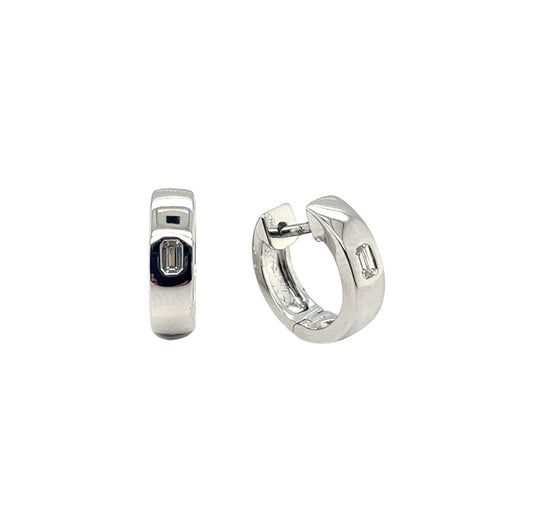 18ct White Gold Emerald Cut Diamond Flush Set Huggie Earrings