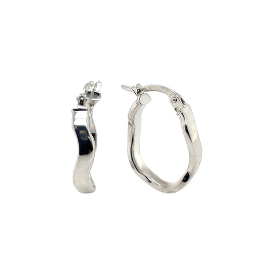 9ct White Gold Wavy Oval Hoop Earrings